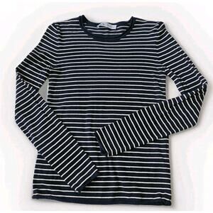 Zara Women's Medium Sweater Top Striped Dark Navy Blue/Ivory Soft Preppy Casual